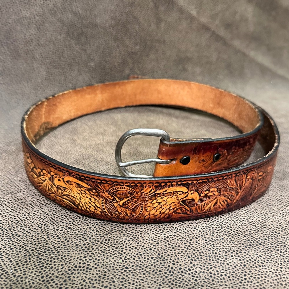 Vintage Handmade Leather Belt Size 39 Heavily Tooled American Eagle 1.4" Wide